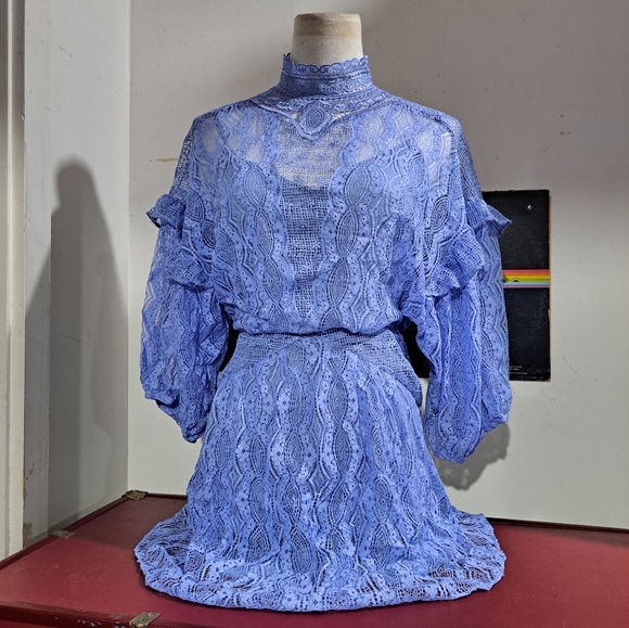 🌈FREE PEOPLE LACE PUFF SLEEVE BOHO MINI TUNIC DRESS-XS - Picture 4 of 10